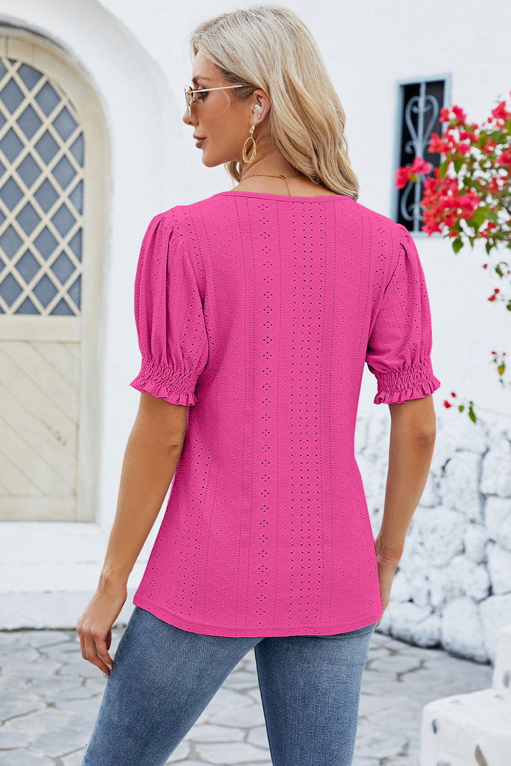 Eyelet Square Neck Short Sleeve T-Shirt 