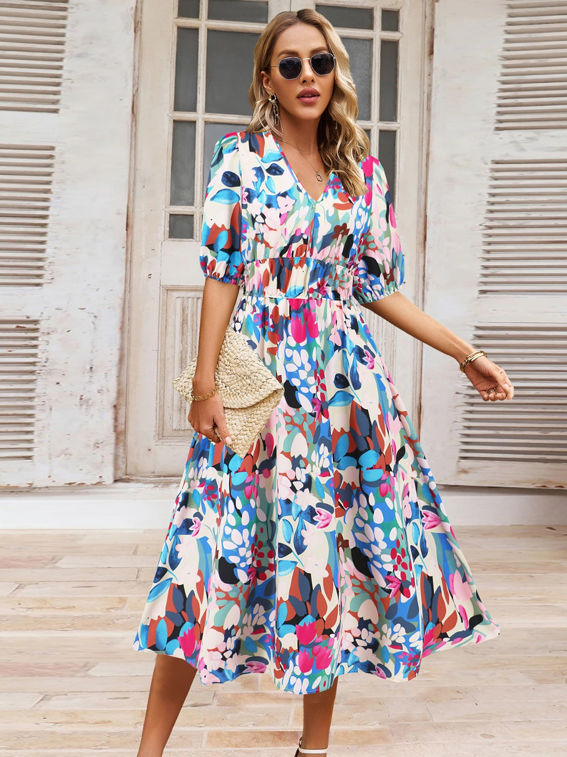 Ruched Printed Surplice Short Sleeve Dress - Babbazon Boho Dress