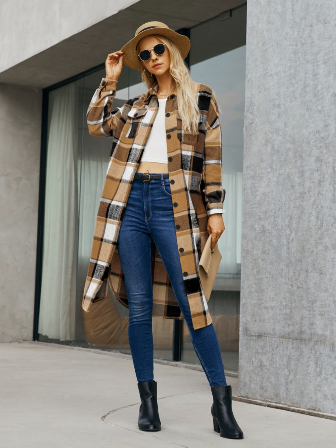 Plaid Pocketed Button Up Trench Coat 