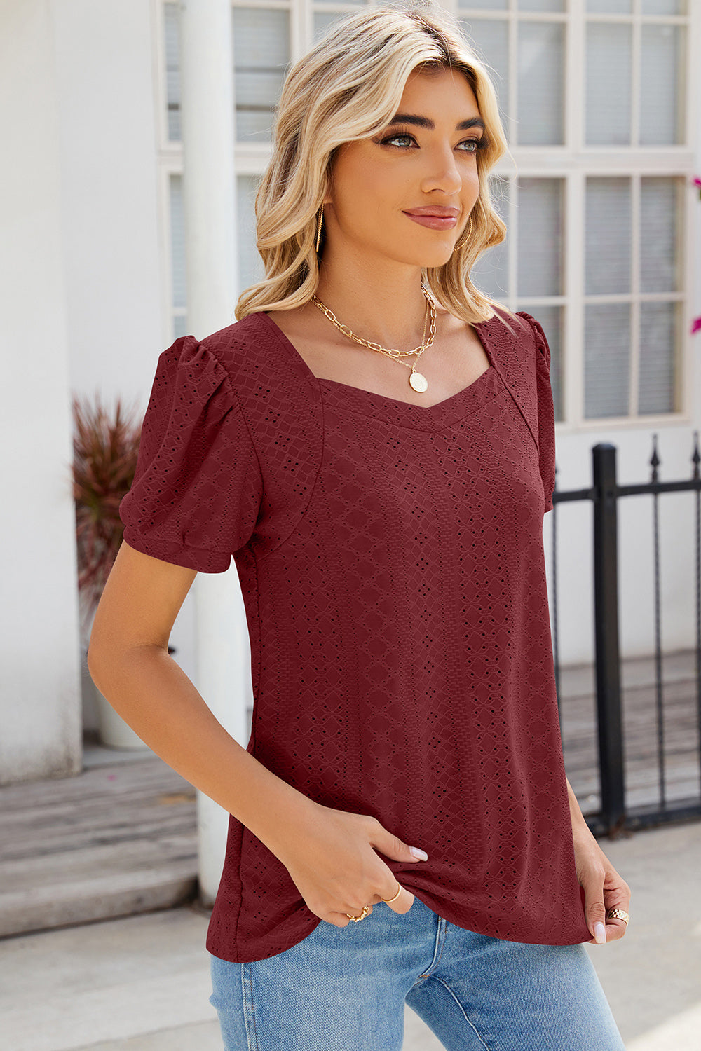 Eyelet Puff Sleeve T-Shirt