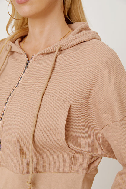 Waffle-Knit Drawstring Zip Up Hoodie 