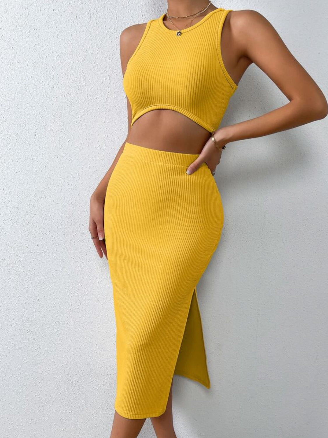 Ribbed Round Neck Tank and Slit Skirt Sweater Set 