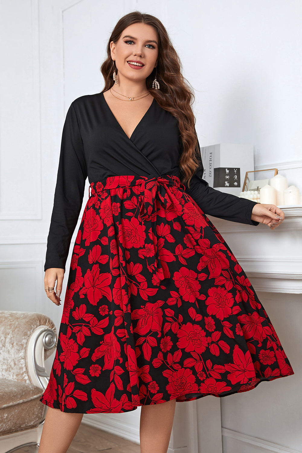 Plus Size Floral Surplice Neck Long Sleeve Dress - Babbazon Midi Dress