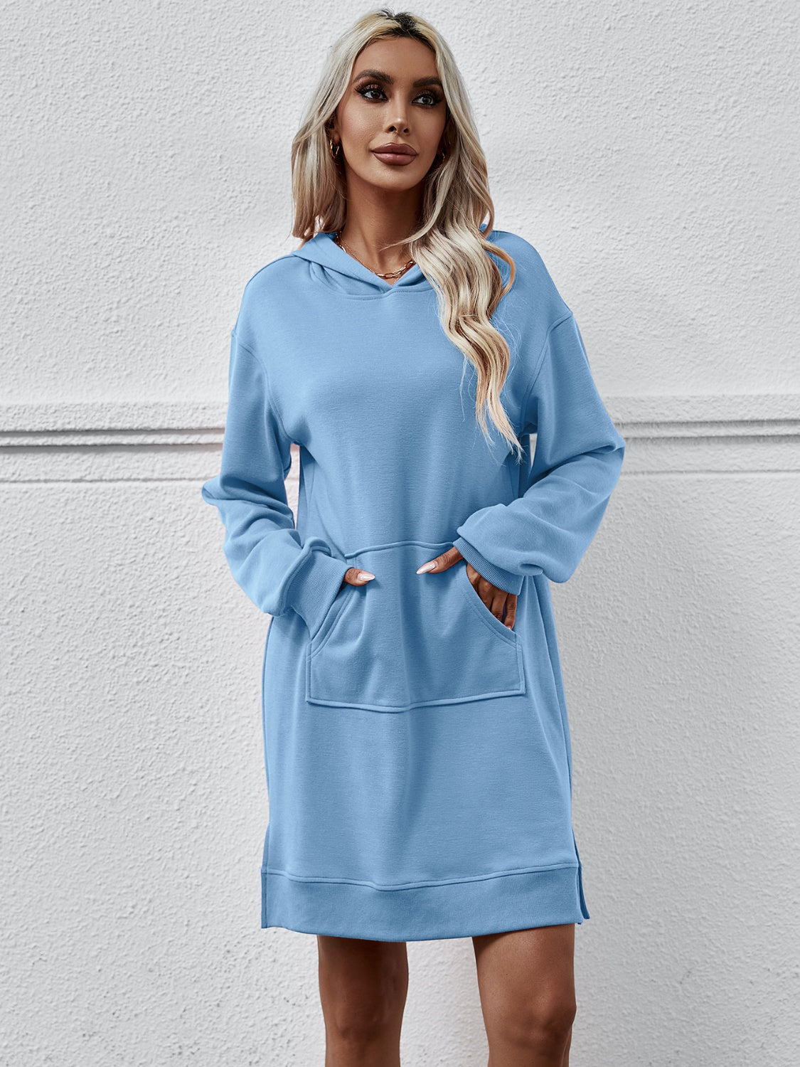 Slit Long Sleeve Hooded Dress with Pocket 