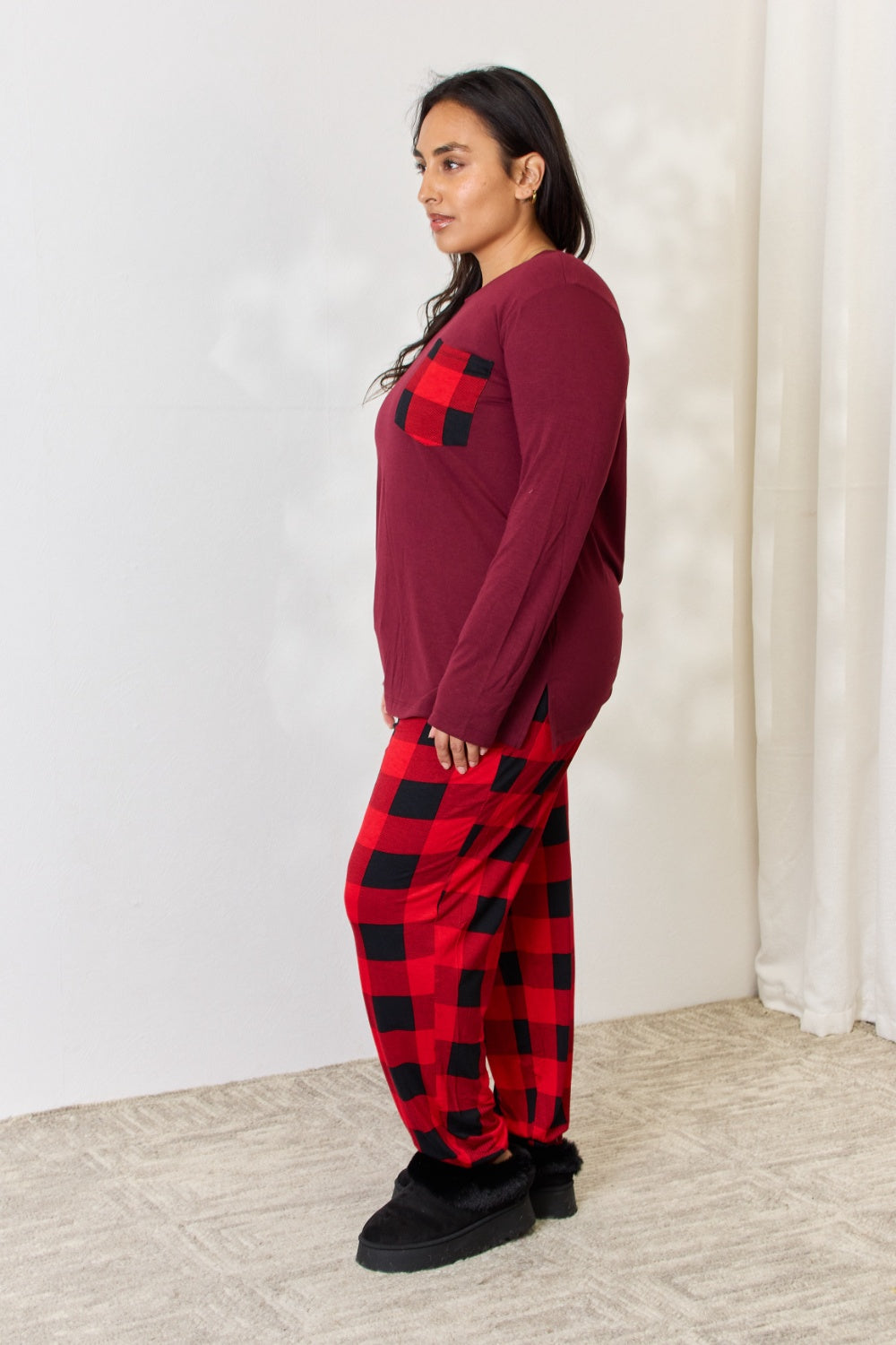 Zenana Full Size Plaid Round Neck Top and Pants Pajama Set 