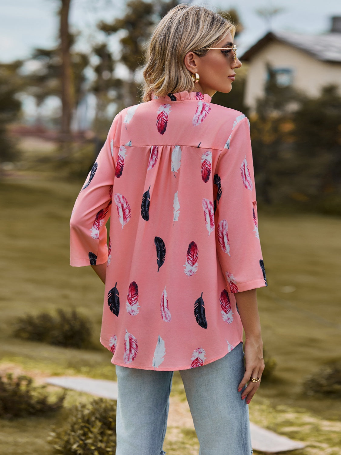 Printed Frill Notched Roll-Tab Sleeve Blouse 