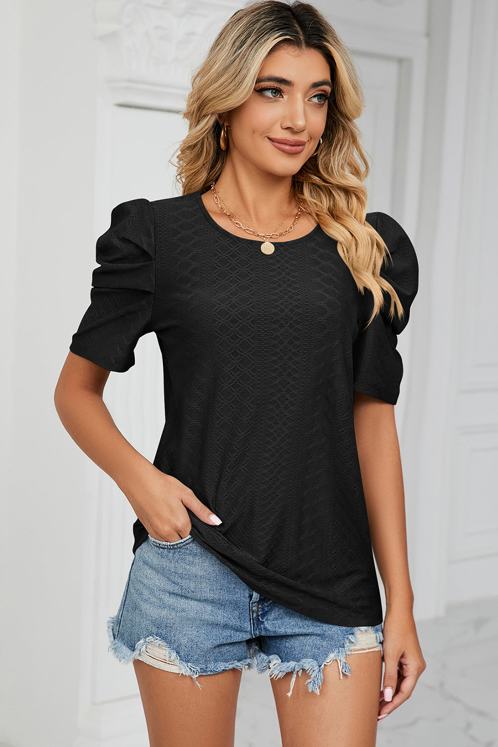 Eyelet Round Neck Puff Sleeve T-Shirt 