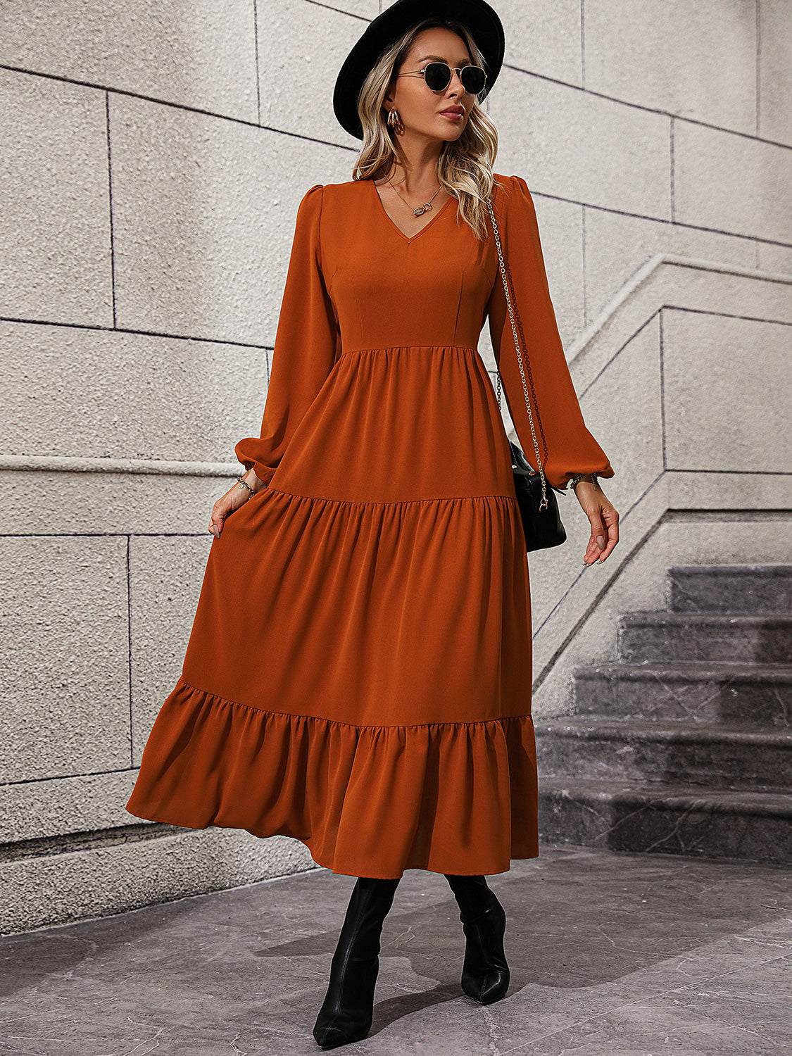 V-Neck Long Sleeve Tiered Dress 