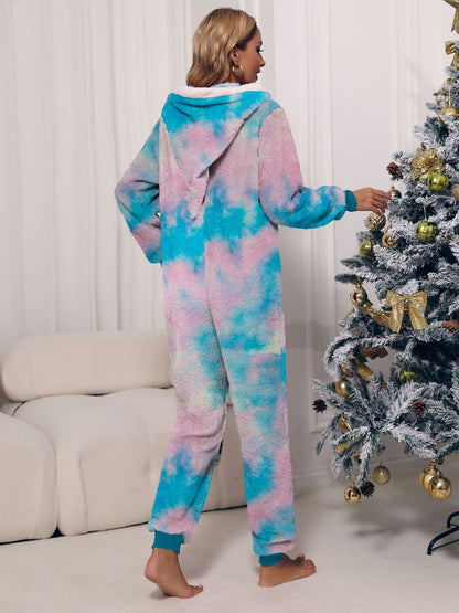 Zip Front Long Sleeve Hooded Teddy Lounge Jumpsuit 