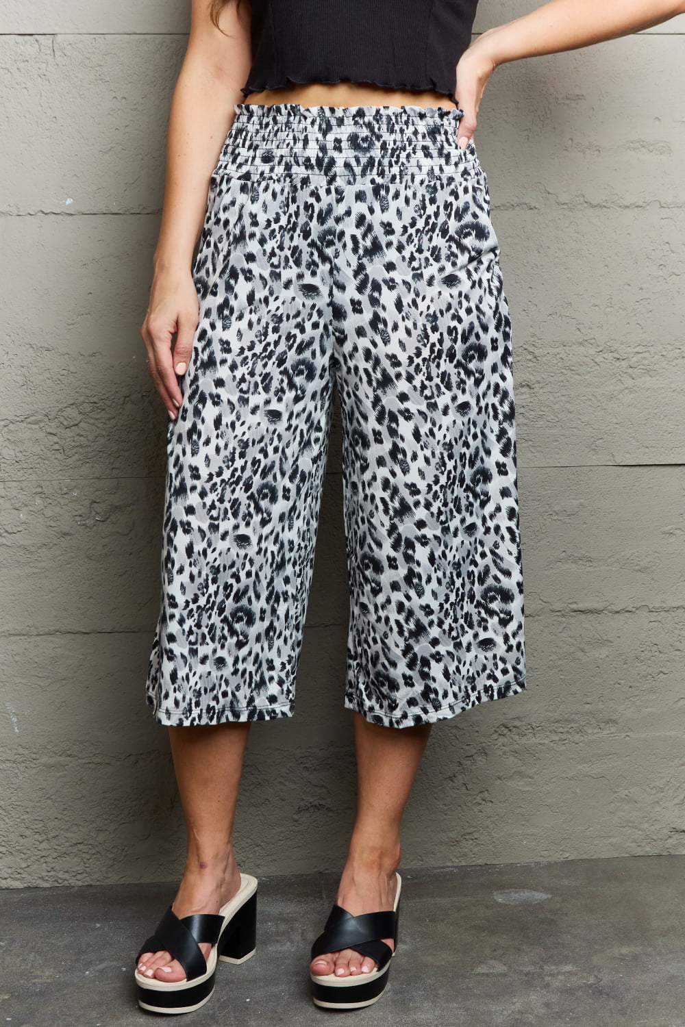 Ninexis Leopard High Waist Flowy Wide Leg Pants with Pockets 