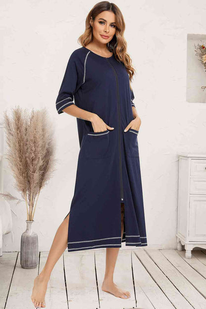 Zip Up Slit Round Neck Night Dress with Pockets 