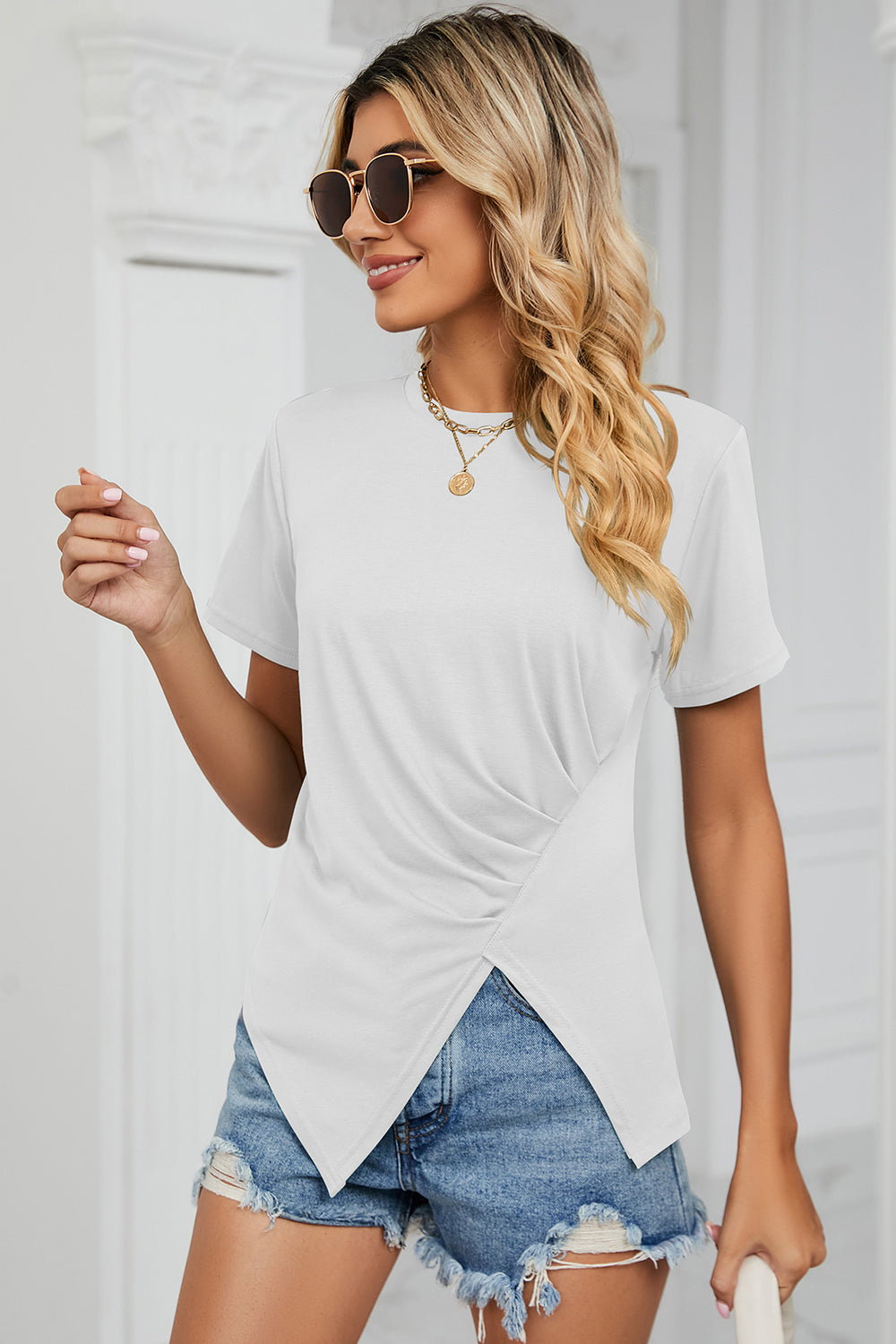 Ruched Round Neck Short Sleeve T-Shirt 