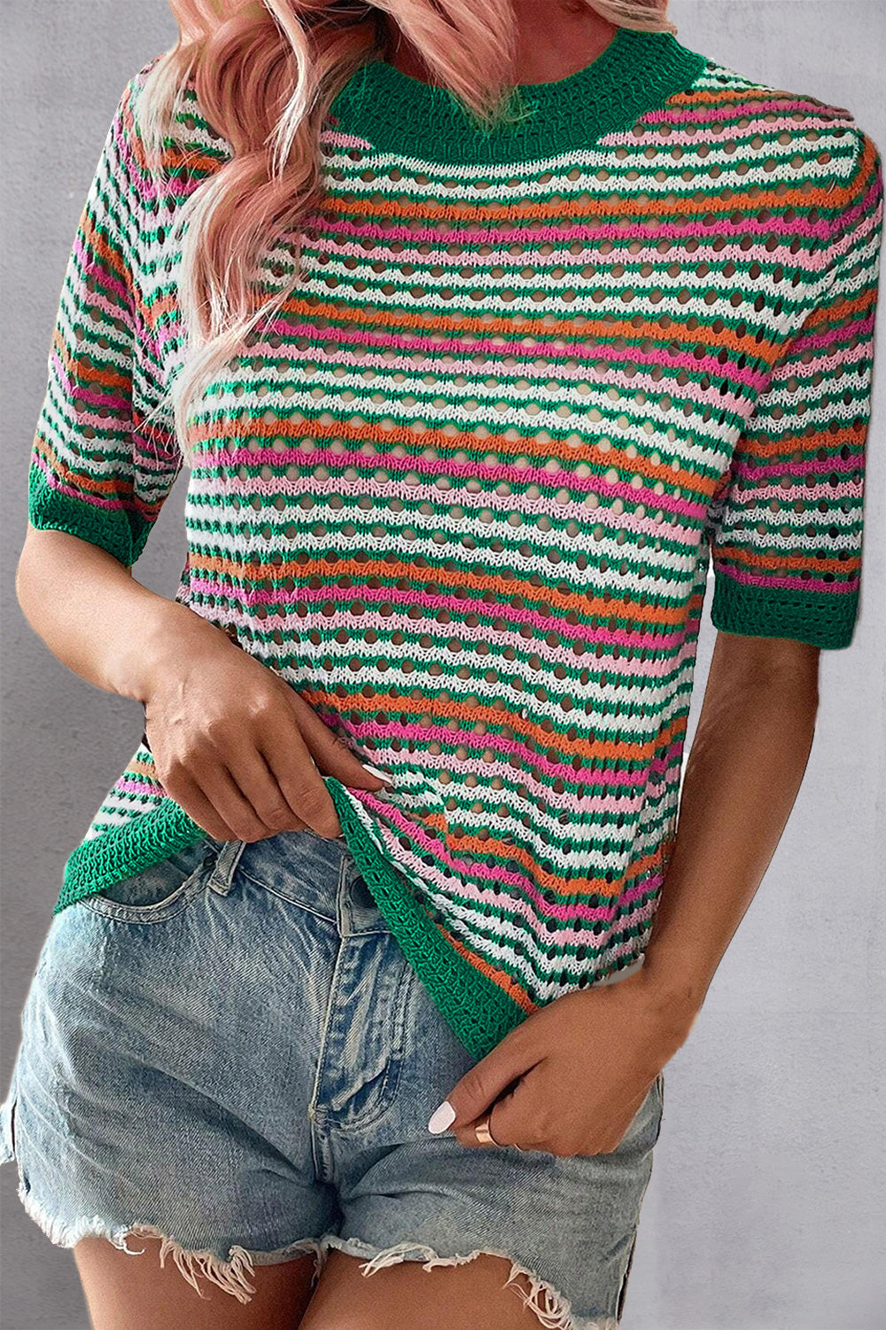 Openwork Striped Short Sleeve Knit Top - Babbazon Camisole