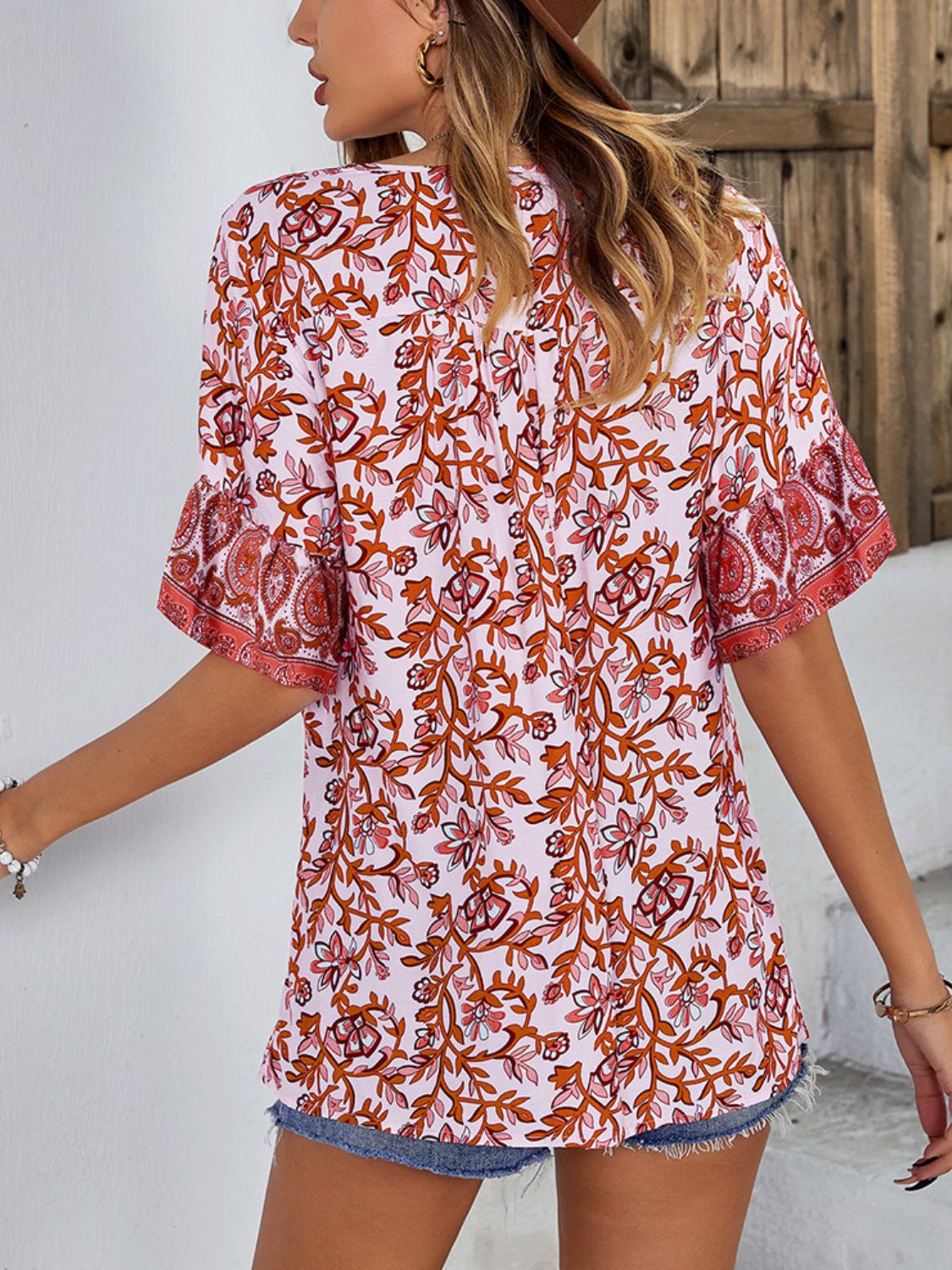 Printed Tie Neck Half Sleeve Tunic Blouse 