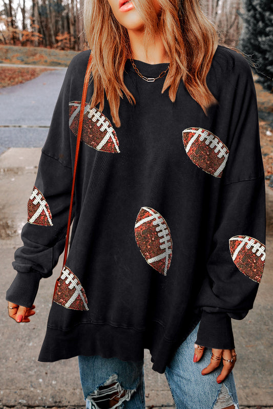 Sequin Football Patch Slit Sweatshirt - Babbazon Sparkly Clothes