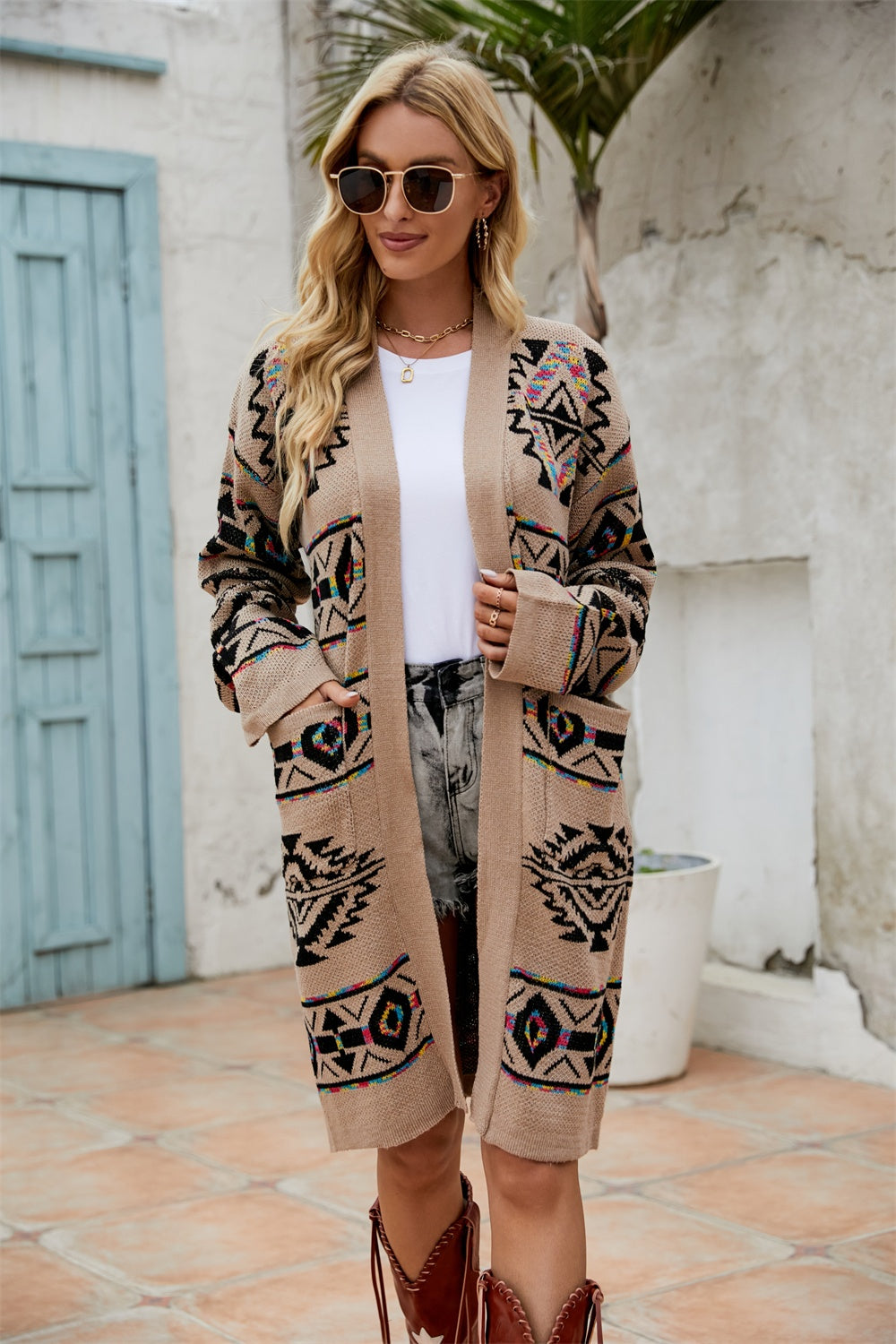 Pocketed Geometric Open Front Dropped Shoulder Cardigan 