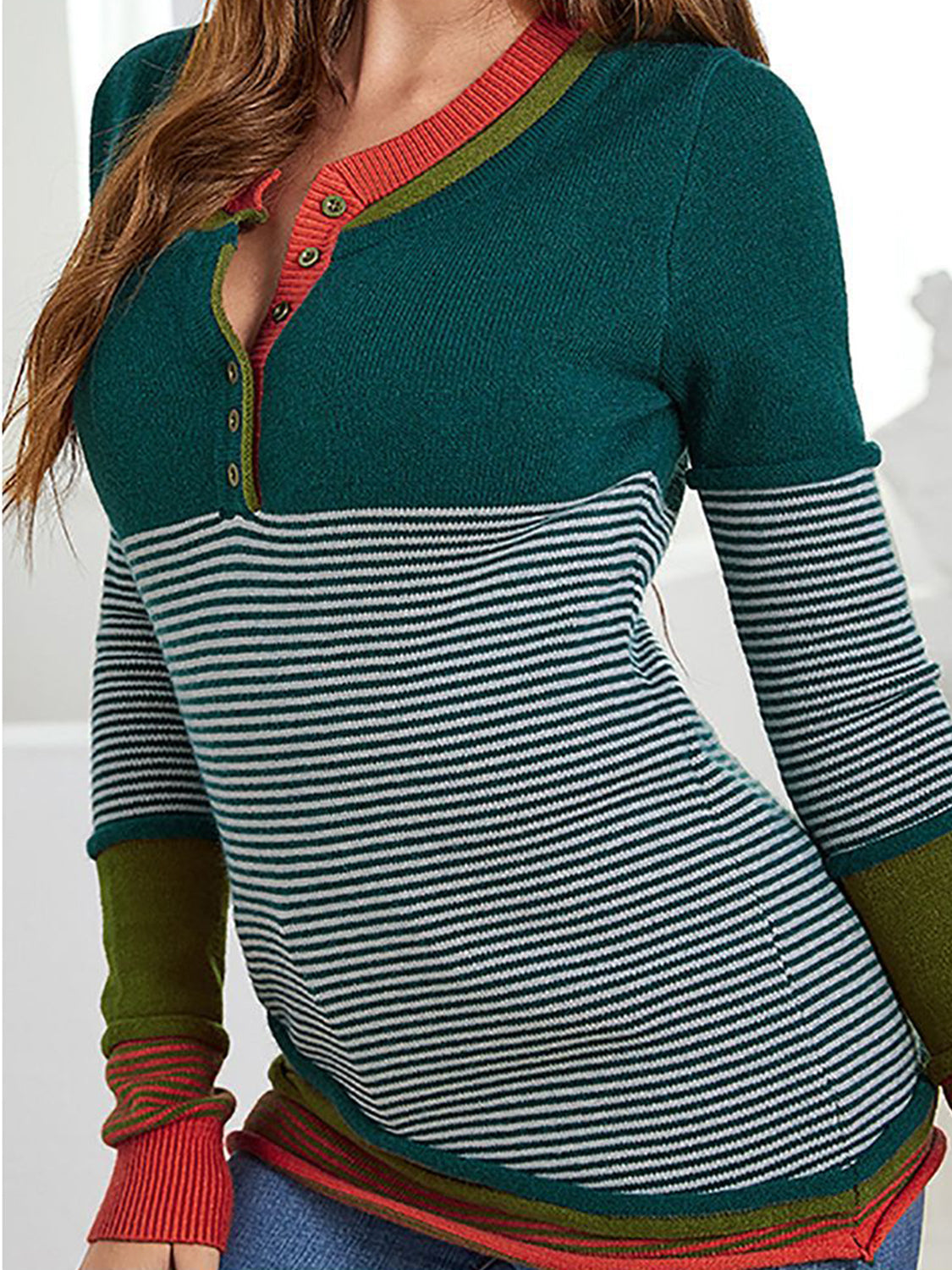 Striped Contrast Notched Long Sleeve Sweater 