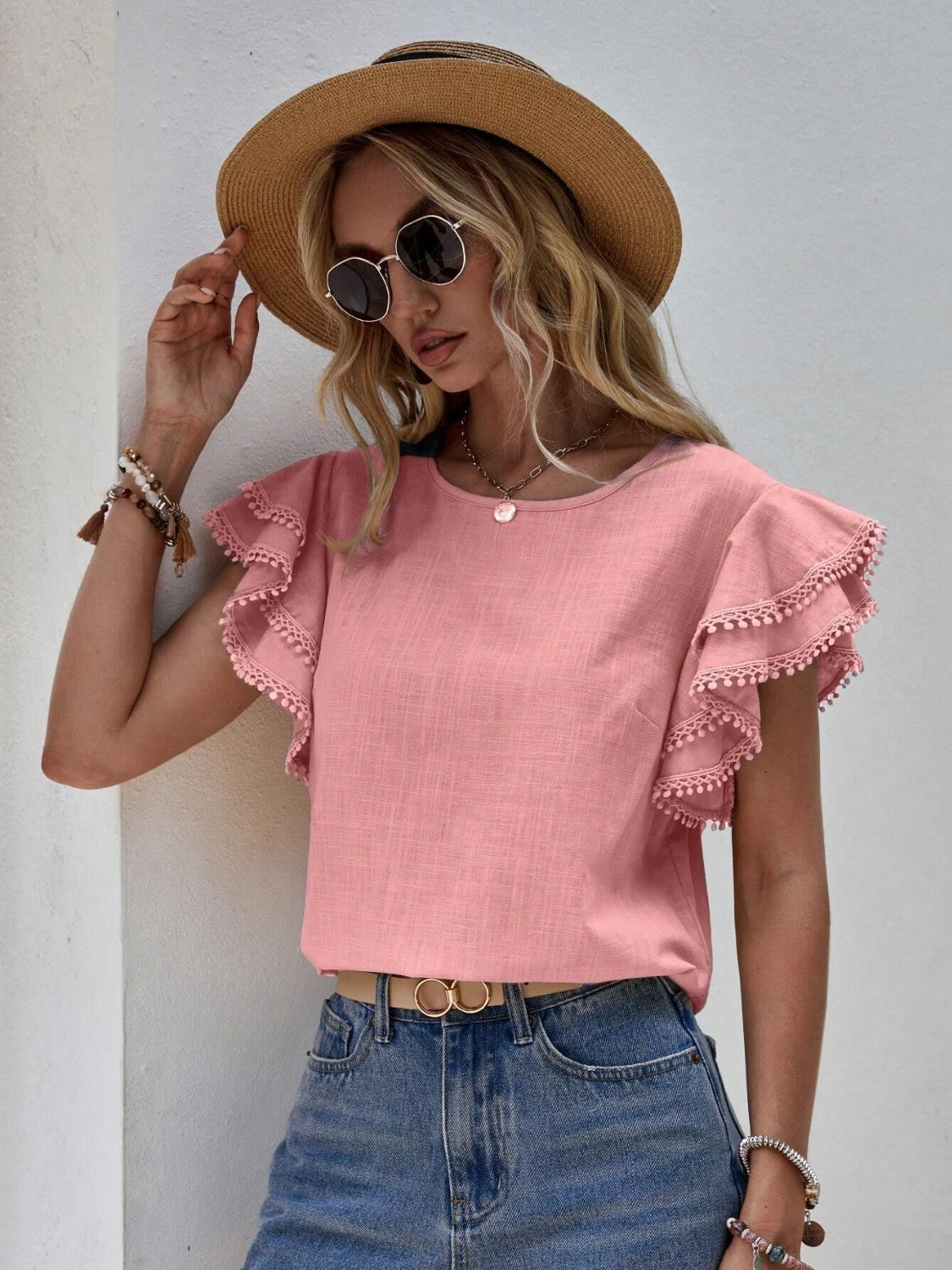 Ruffled Cap Sleeve Round Neck Blouse 