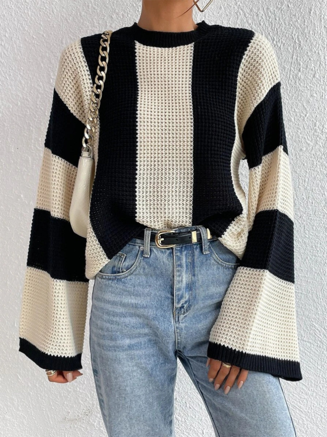 Striped Mock Neck Long Sleeve Sweater 