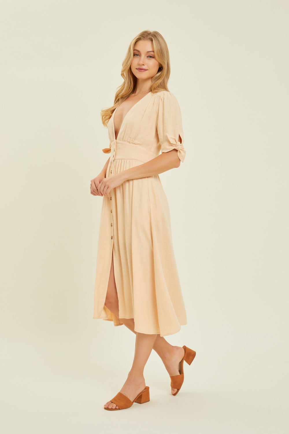 HEYSON Full Size Textured Linen V-Neck Button-Down Midi Dress 