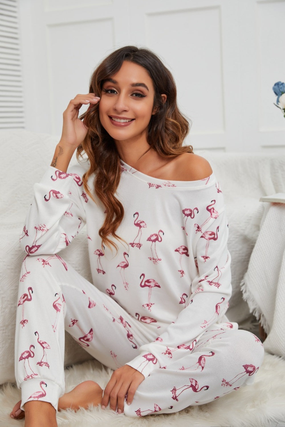 Flamingo Long Sleeve Top and Pants Lounge Set 