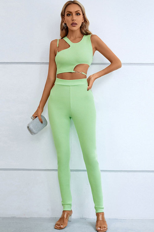 Asymmetrical Ribbed Cutout Tank and Pants Set 