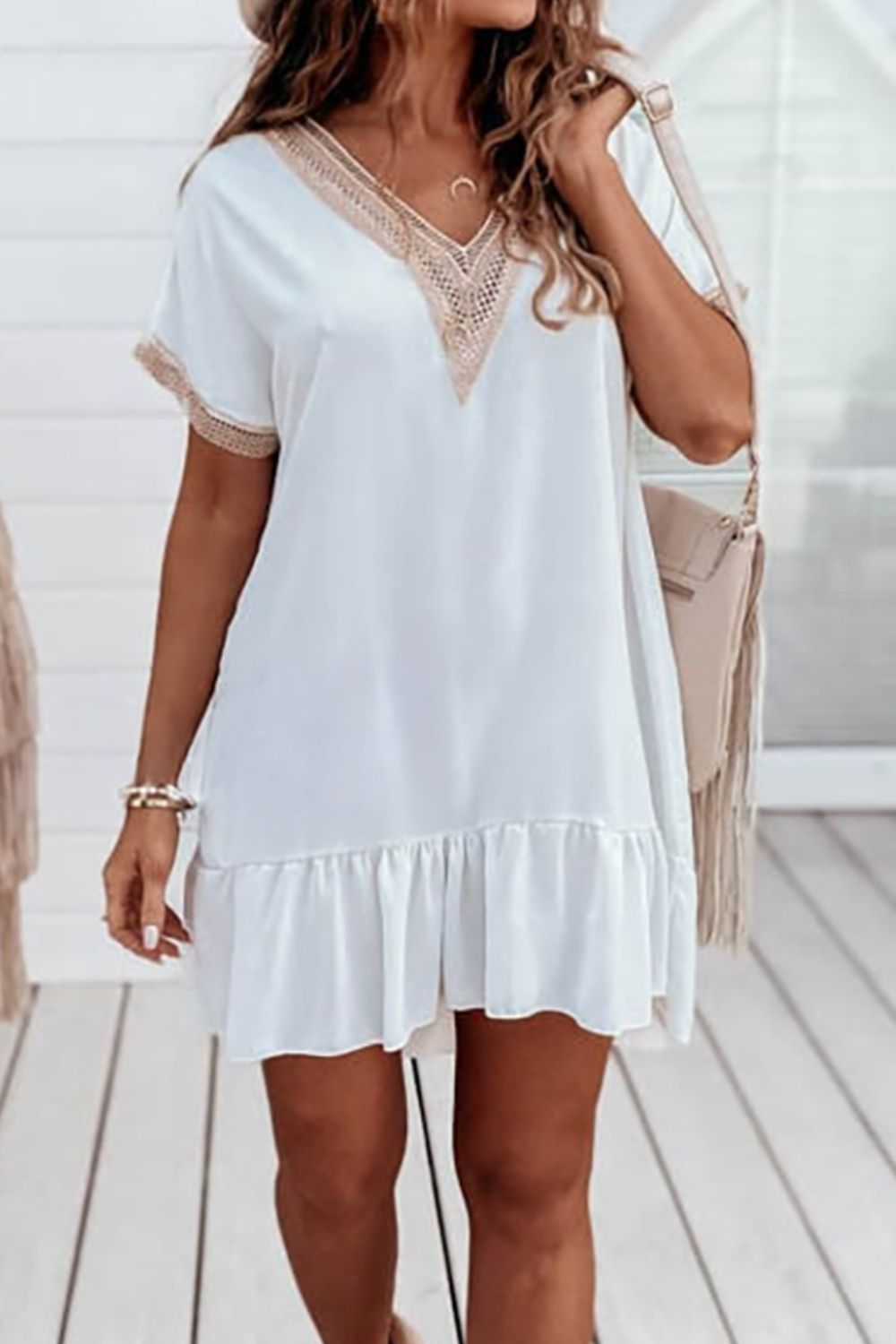 Openwork V-Neck Short Sleeve Mini Dress 