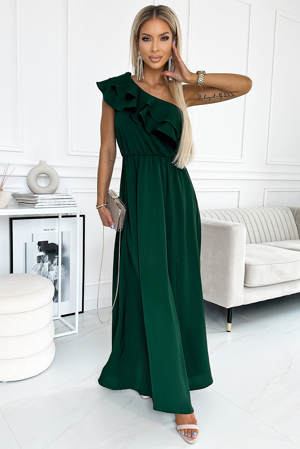 One-Shoulder Ruffled Maxi Dress - Babbazon