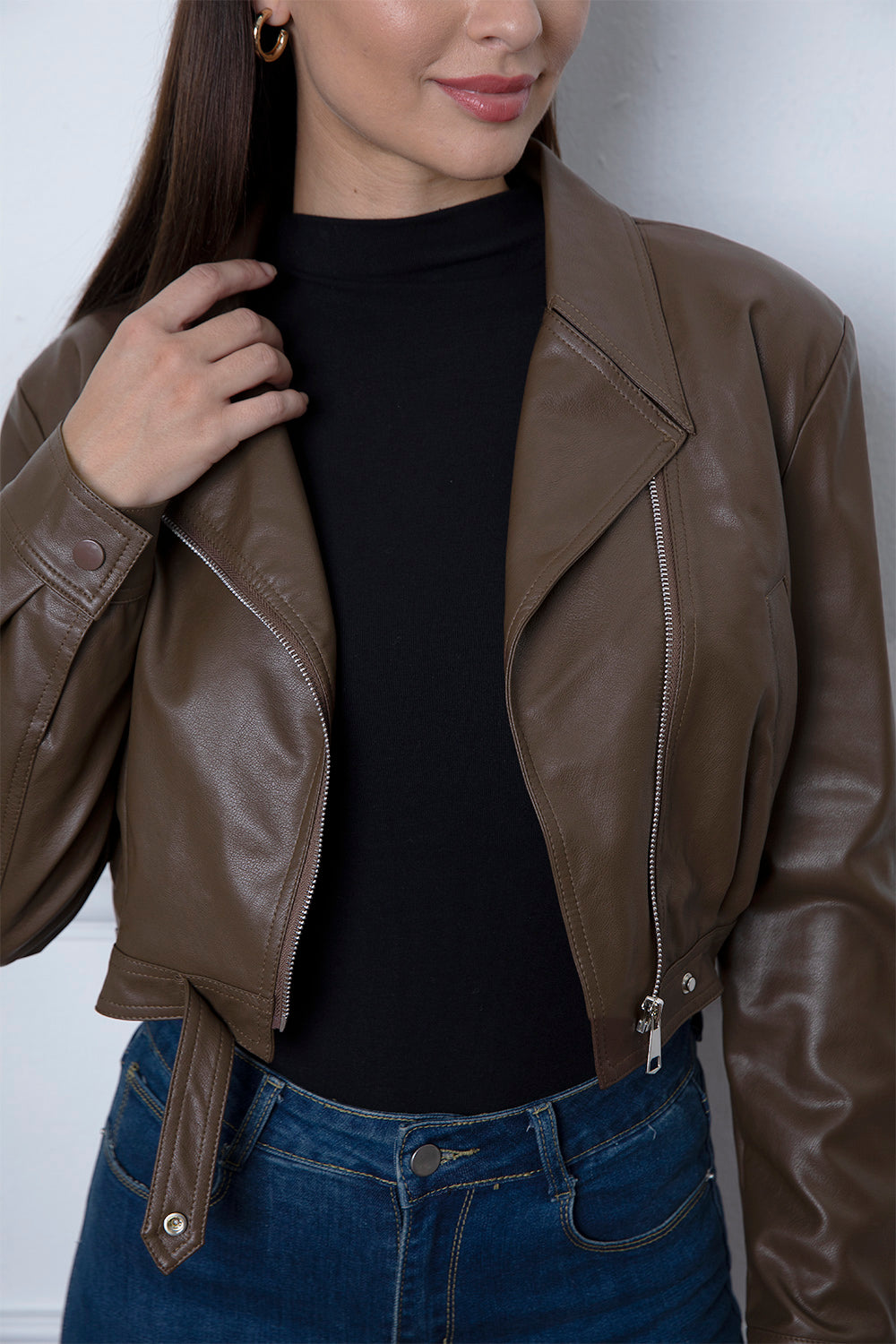 Zip Up Collared Neck Cropped Jacket 