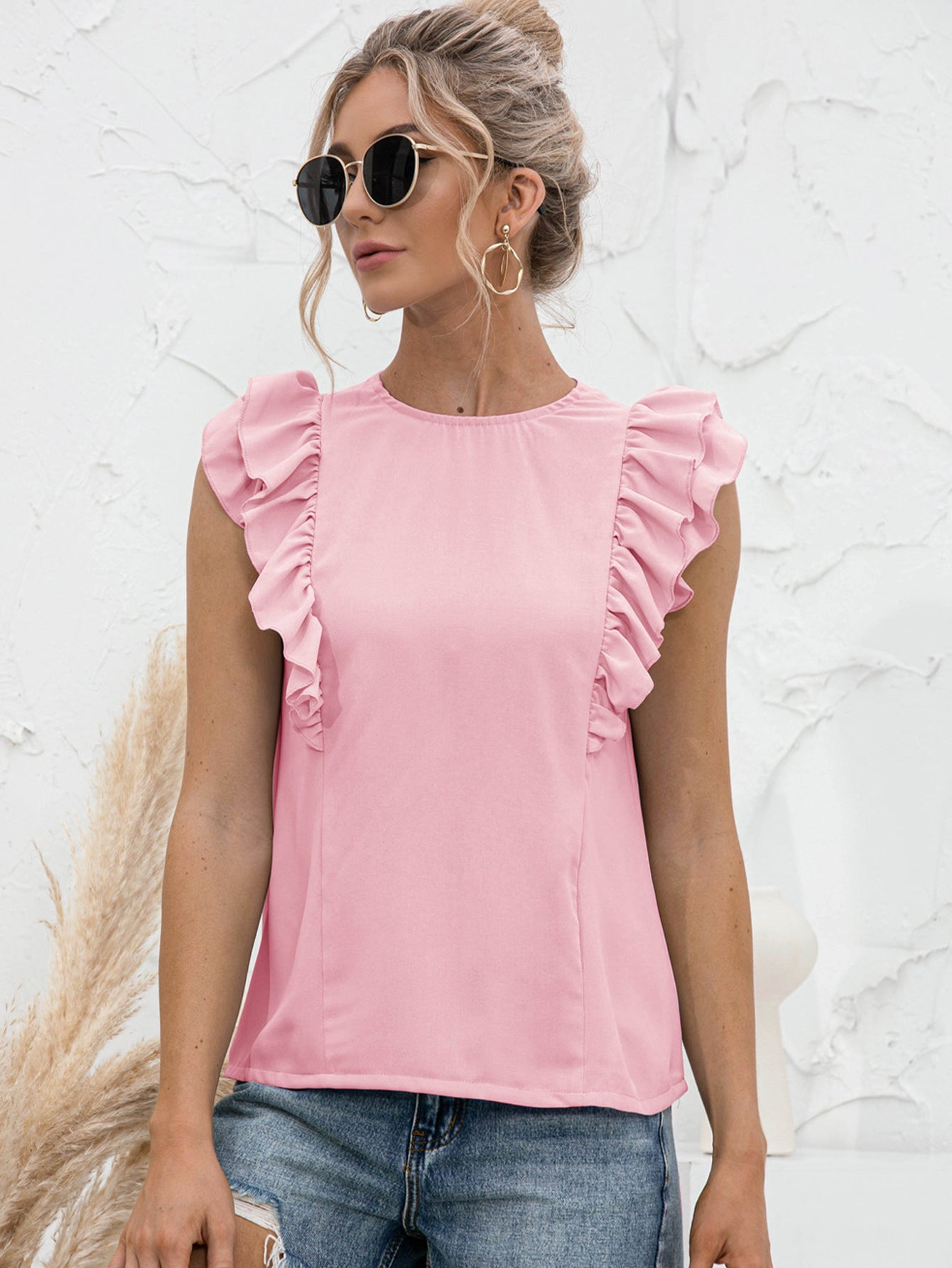 Round Neck Tied Open Back Flutter Sleeve Top 