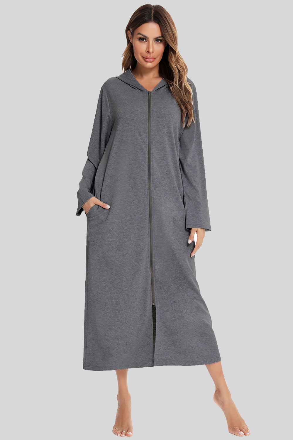 Zip Front Hooded Night Dress with Pockets 