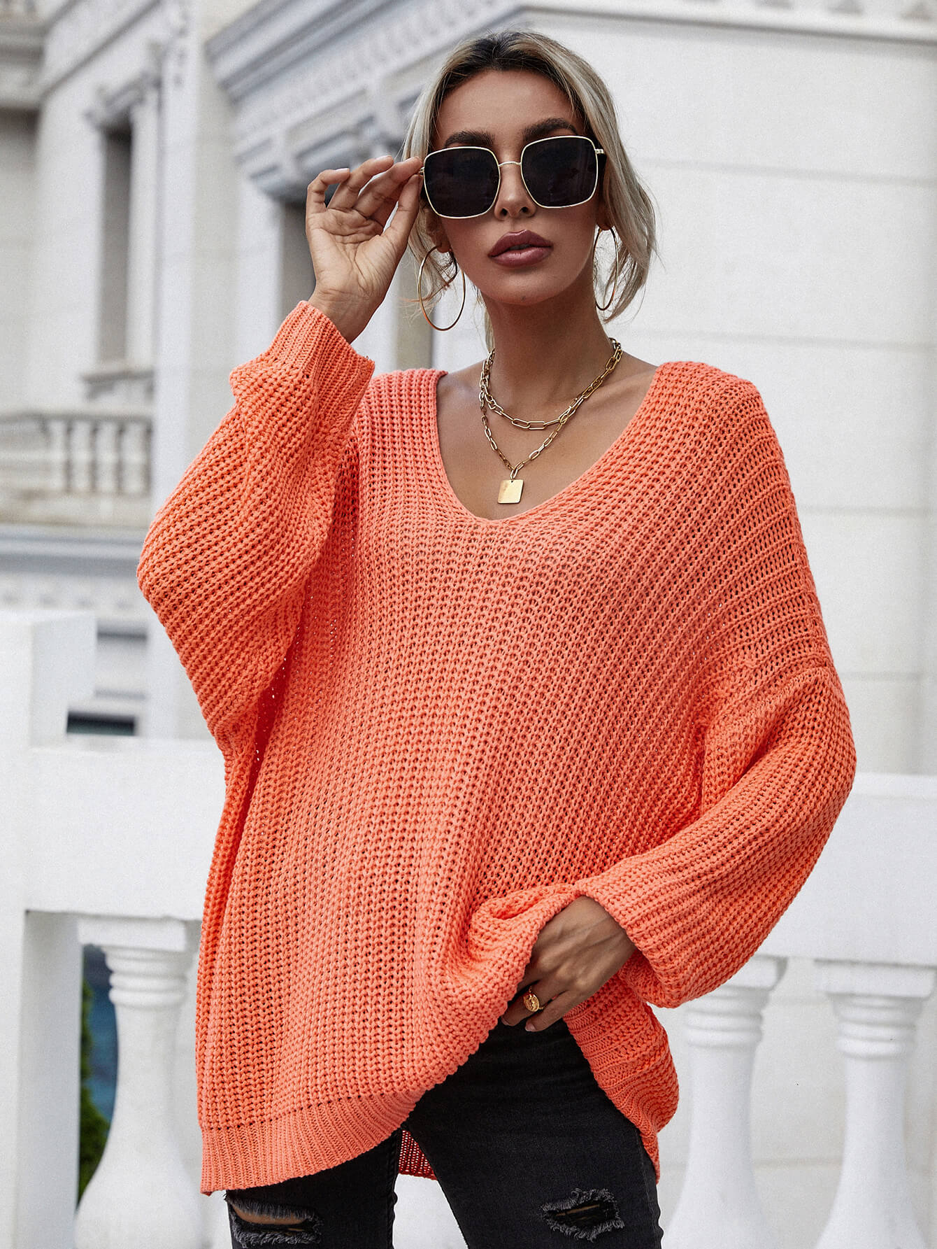 Rib-Knit Drop Shoulder V-Neck Pullover Sweater 