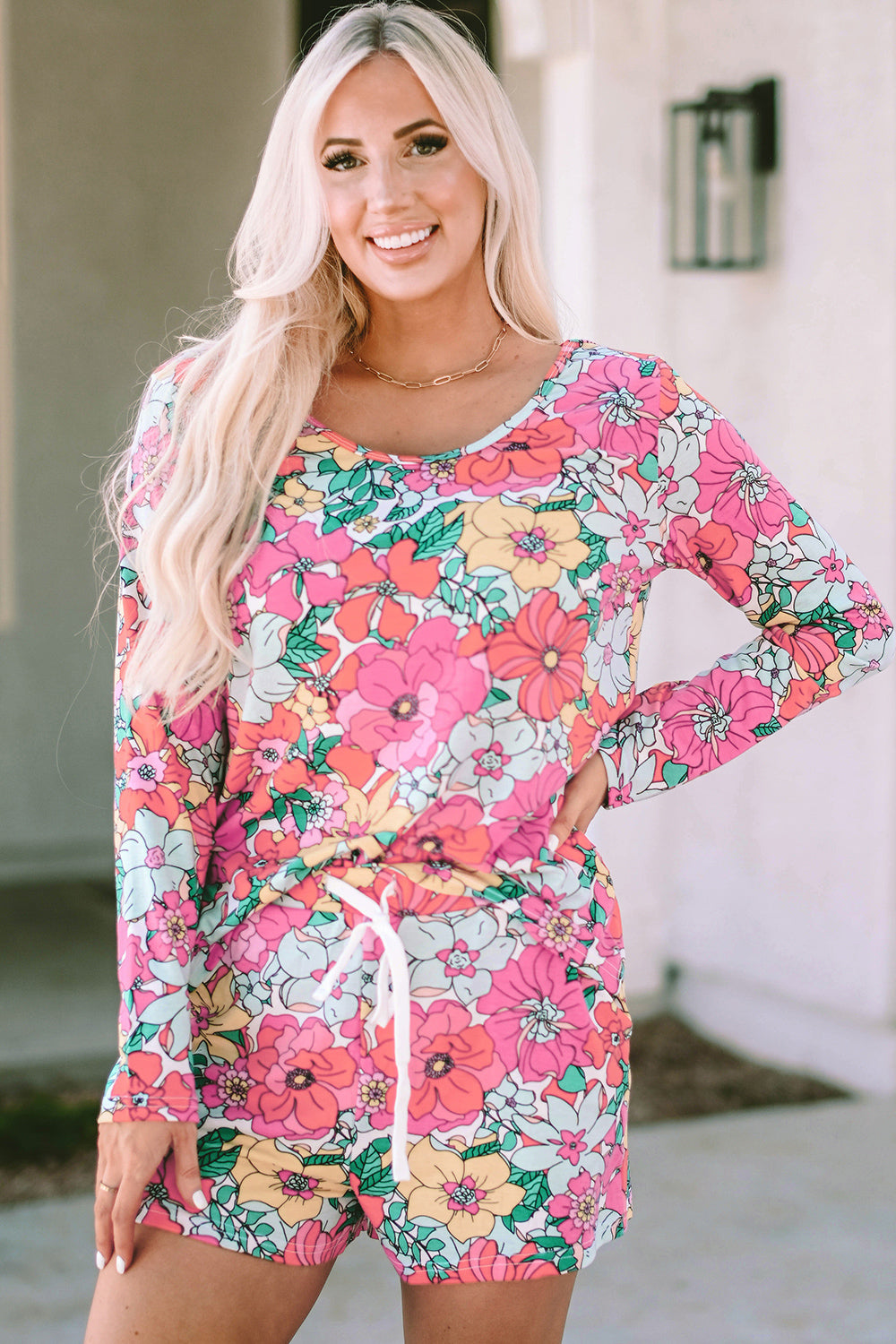 Floral Round Neck Top and Drawstring Shorts Set 