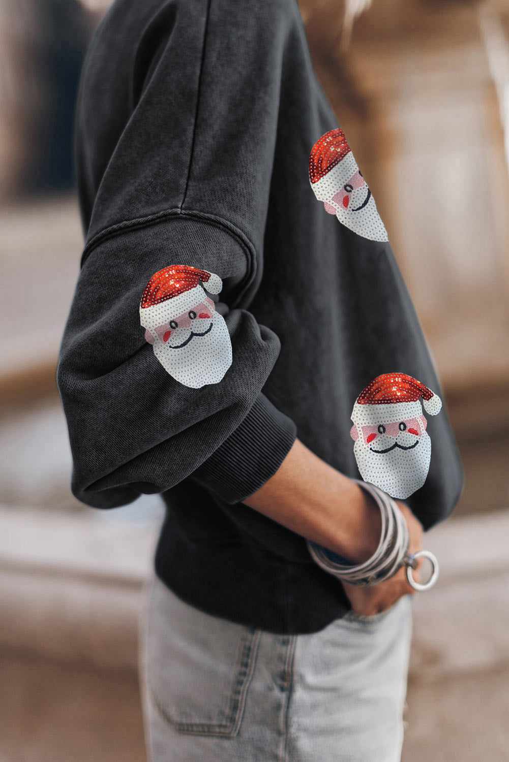 Sequin Santa Patch Round Neck Sweatshirt 