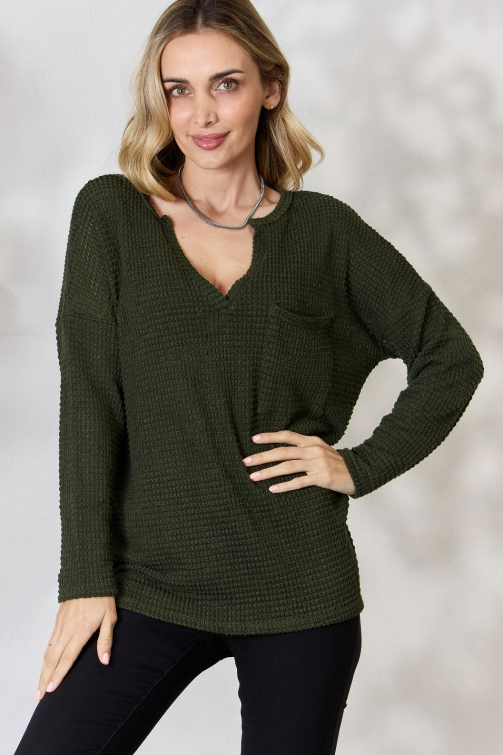 BiBi Notched Popcorn Waffle Long Sleeve Top 