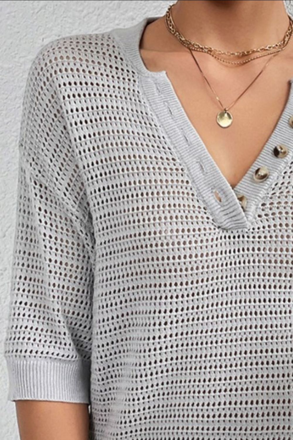 Openwork Half Button Dropped Shoulder Knit Top 