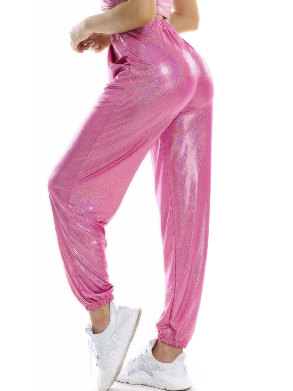 Glitter Elastic Waist Pants with Pockets 