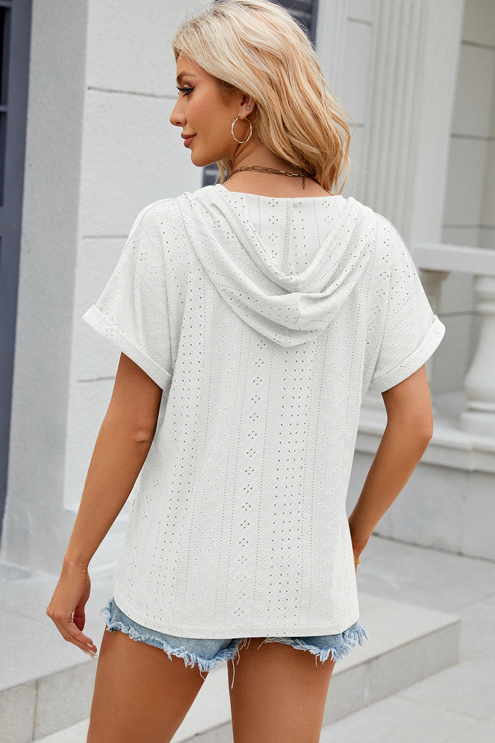 Eyelet Drawstring Hooded Short Sleeve Blouse