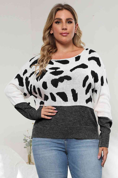 Plus Size Leopard Round Neck Long Sleeve Sweater 