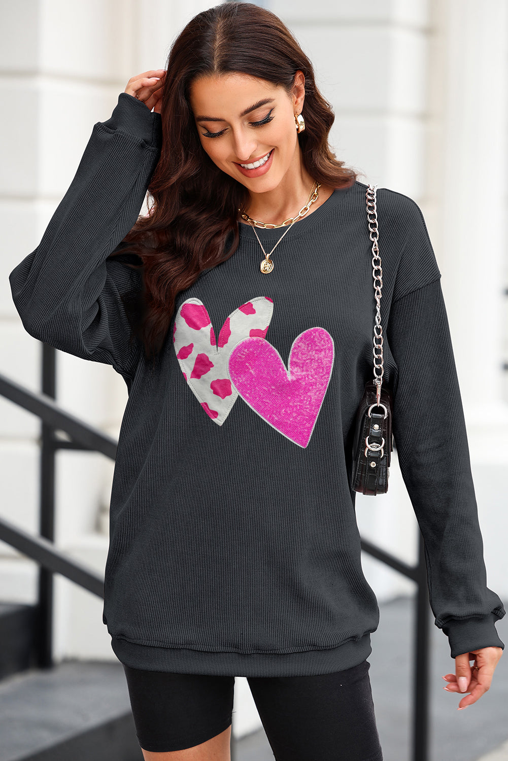 Heart Round Neck Dropped Shoulder Sweatshirt - Babbazon sweatshirt