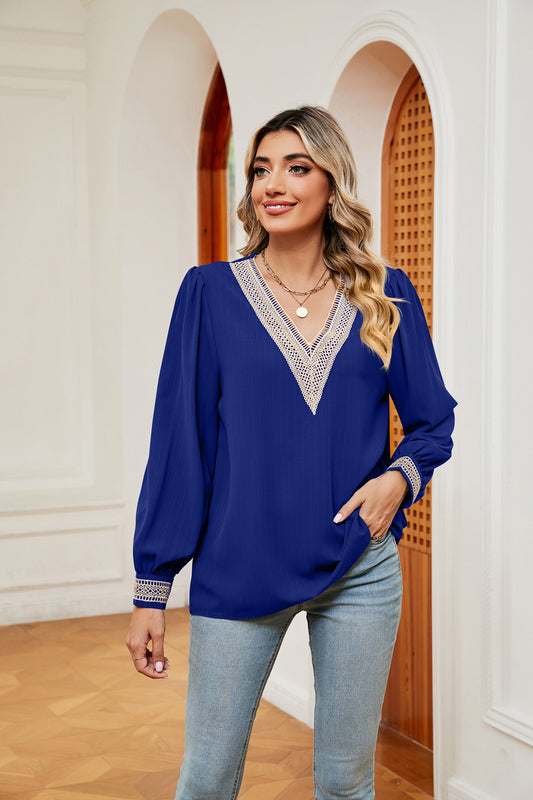 Contrast Puff Sleeve Blouse - Babbazon blouse