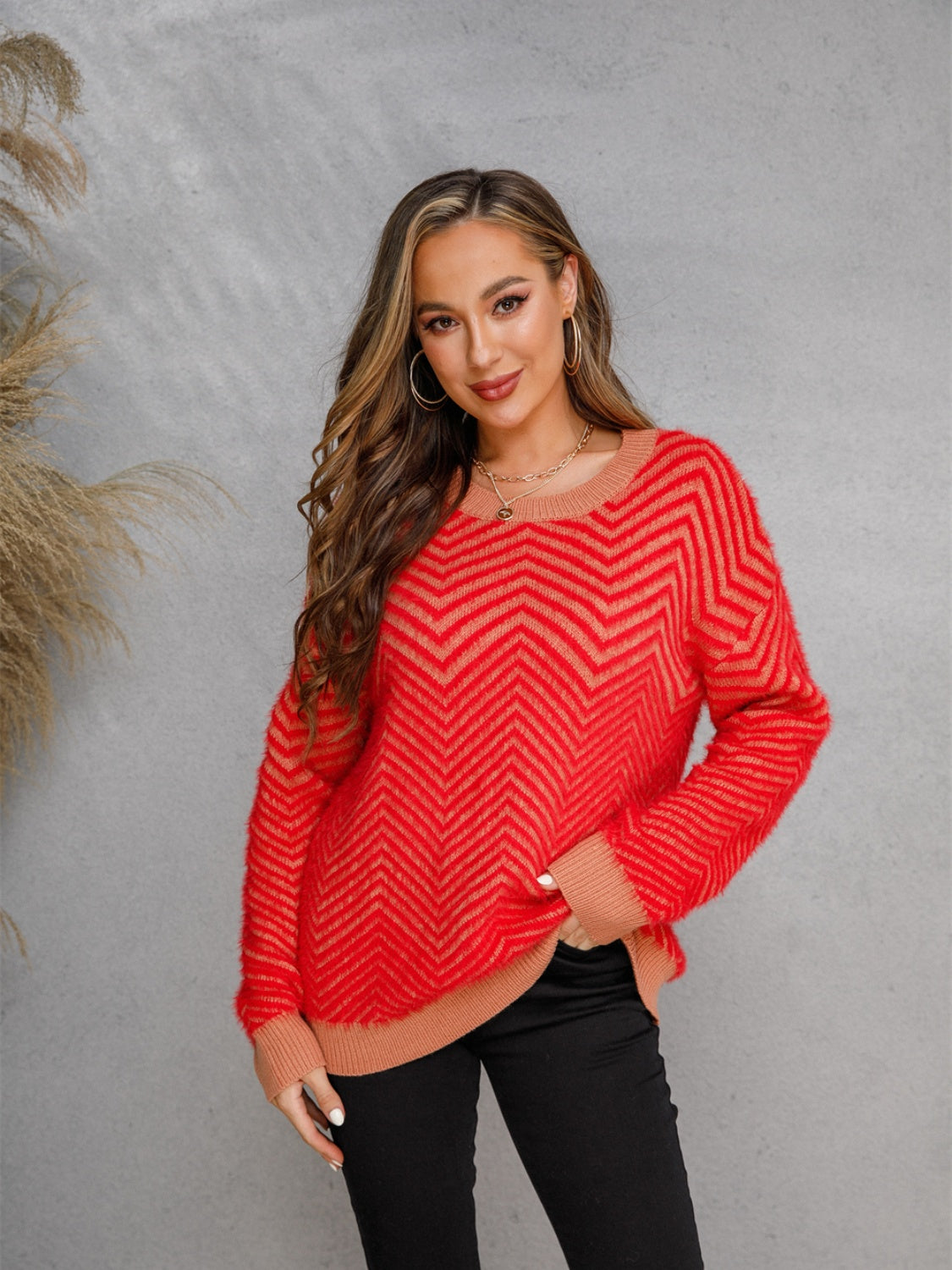 Striped Round Neck Dropped Shoulder Sweater