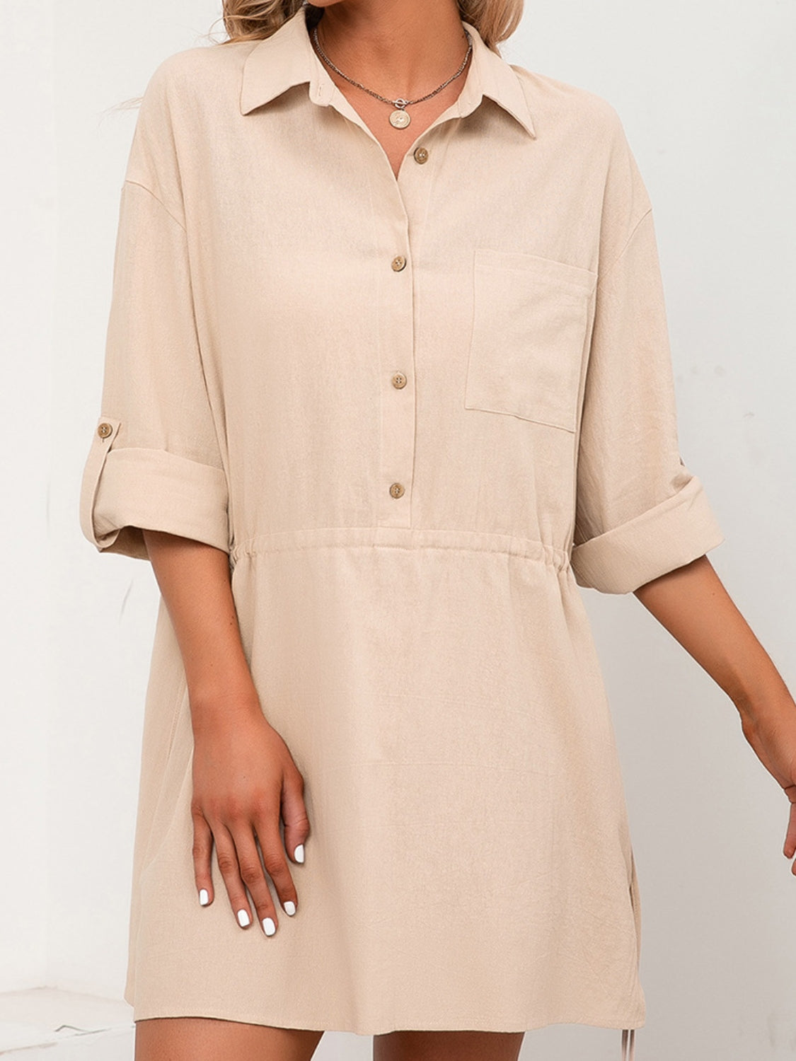 Drawstring Half Button Roll-Tab Sleeve Dress 