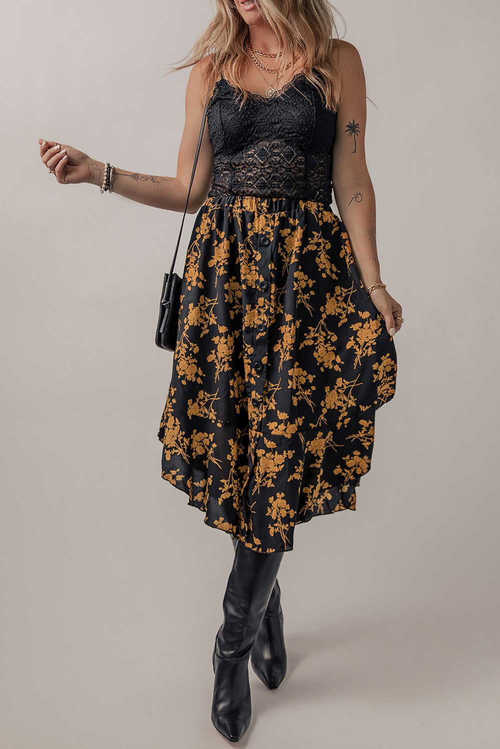 Floral Buttoned Ruffle Hem Skirt 