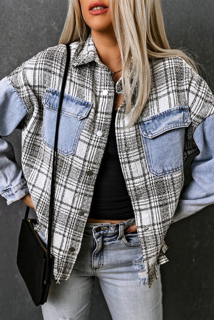 Plaid Pocketed Snap Down Denim Jacket 