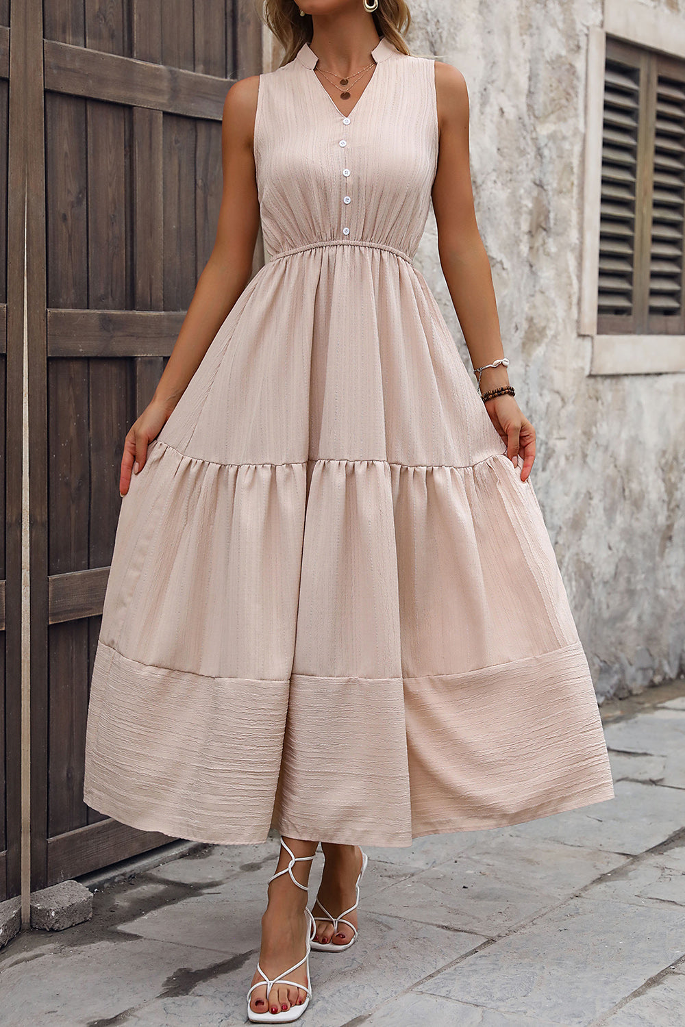 Decorative Button Notched Tiered Dress 