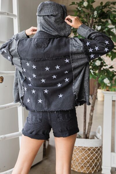 Veveret Star Embroidered Hooded Denim Jacket 