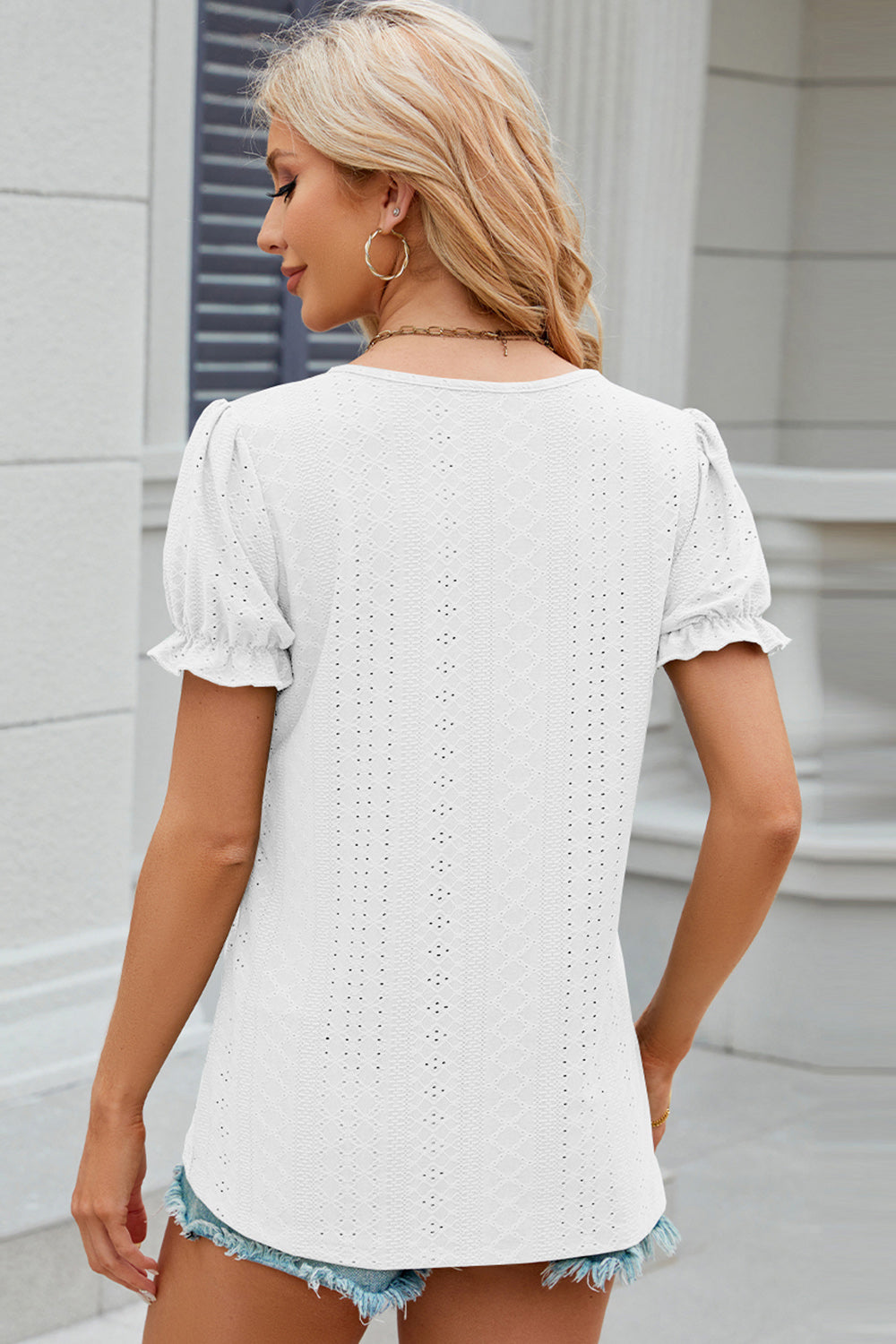 Eyelet Round Neck Flounce Sleeve T-Shirt