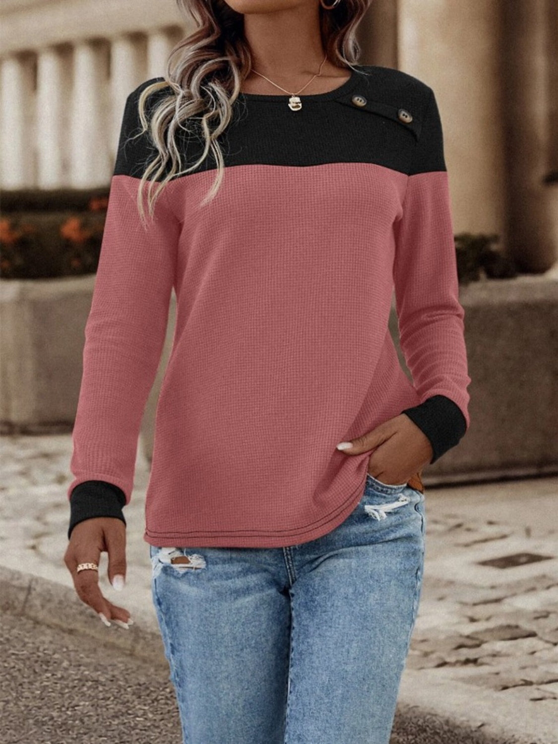 Contrast Buttoned Round Neck Long Sleeve T-Shirt 