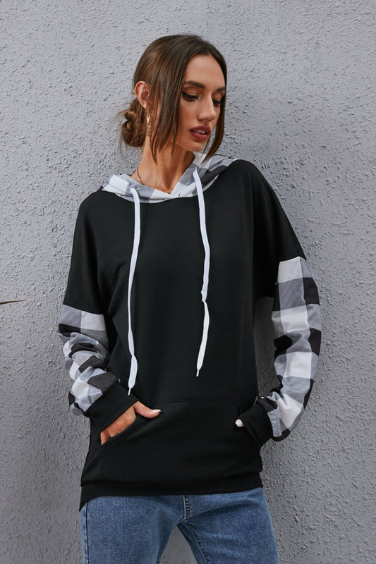 Plaid Drawstring Dropped Shoulder Hoodie 